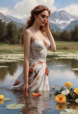 best quality,  extremely detailed,  HD,  8k, oil painting, 1 sexy girl, ((the flower lake)), (sexy wet top and skirt made of water) , ((sexy and wet)), top view, closeup, face up, (holy:1.25), dreamwave, (aesthetic:1.25), abstract (sharp:1.1), close eyes, art by sargent, naked shoulder, semi nude,ink scenery,oil painting