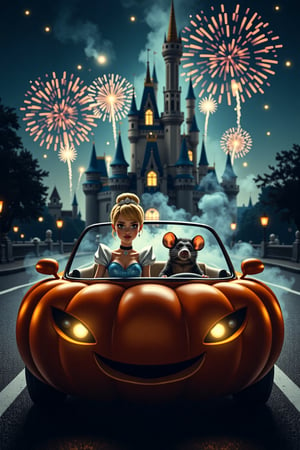 dark horror photography of  a couple driving to the ball in a car shaped like a big, round pumpkin. Cinderella is sitting in the passenger seat on the left, dressed in her sparkling blue gown, and a diamond crown on her short blond hair, adding a modern and edgy twist to her classic look. The driver, a mouse, is sitting on the right, gripping the wheel, determined to get her there on time. In the background, a grand, magical castle stands tall, with vibrant fireworks lighting up the sky. The scene is set at dusk, with soft, warm lighting highlighting the playful, fairytale atmosphere. Dynamic, cartoonish style, bright colors, wide-angle view, cinematic framing, smoke and gas spirit rising up. horror scary glowing,AHaunted,