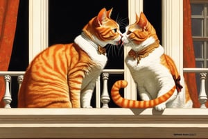 Two cats kissing on a balcony. One cat is an orange tabby. The other cat is black. Parody of Romeo and Juliet.  Art by Norman Rockwell.