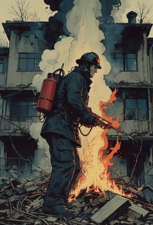 A fireman, Guy Montag from Fahrenheit 451, torching a pile of books with a flamethrower.