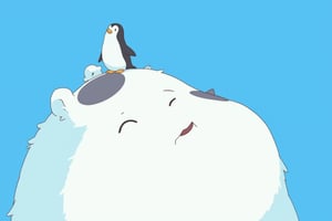 Anime style. A polar bear with  a funny expression, with a baby pinguin standing on its head, on a blue background. This comic-style illustration is in the style of Herge and Hayao Miyazaki,anime,lyh