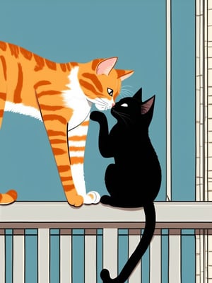 Two cats kissing on a balcony. One cat is an orange tabby. The other cat is black. One of the cat is hanging off the ledge. Parody of Romeo and Juliet