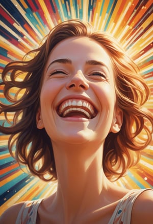 Digital artwork.  A woman smiling joyfully, radiating abstract patterns of light 