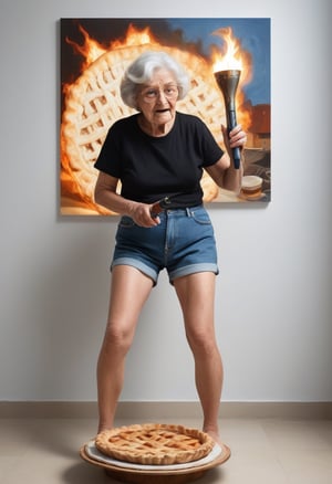 (Hyper-realistic photograph:1.4), Captivating scene Featuring a grandma using a torch blower on a pie. A white wall with cubist paintings in background, wearing jean shorts and a black t-shirt with no text, legs spread, (bare feet:1.4), (perfect slender feet:1.4), blue eyes, photography style, Extremely Realistic, serendipity art, sharp focus, intricate details, highly detailed, by God himself, original shot, more detail XL, aw0k euphoric style, masterpiece,,
