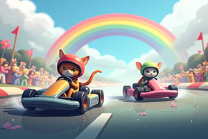 Dreamy art. Two go-karts on a colorful winding track. The kart on the left is driven by a cat, wearing a red helmet, focused and determined, steers its kart. The kart on the right is driven by a mouse, wearing a green helmet, equally concentrated, speeds alongside. The track is filled with playful obstacles and surrounded by cheering spectators, capturing the excitement of this whimsical race.  There is a big rainbow in the sky. surrounded by a misty color palette of translucent blues, pale grays, and ethereal silvers, contrasting with hints of faded lavender and soft ghost green