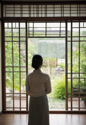 Asian woman looking out to the garden