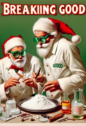 TEXT LOGO "Breaking Good" Photo Santa Clause and Elves cooking meth in a lab,  wearing chemist goggles,  art by J.C. Leyendecker