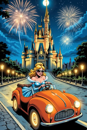 In style of comic book. An illustration of of Cinderella driving pumpkin-shaped car as she heads to the ball. Cinderella, dressed in her sparkling blue gown, wears cool aviator sunglasses, adding a modern and edgy twist to her classic look. The car is orange, and has the shape of a pumpkin, with glowing wheels. In the background, a majestic castle stands illuminated under the night sky, with bright fireworks bursting above it. The road leading to the castle is lined with glowing lanterns, adding a magical touch. The vibe is a mix of fairytale magic and modern cool. Soft moonlight, vibrant fireworks, modern fairytale aesthetic, whimsical yet stylish.