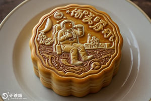 Design a whimsical and detailed photo of a mooncake featuring an intricate imprint of an astronaut drinking beer while sitting on the surface of the moon. The mooncake itself has a golden-brown, glossy crust, and its surface is embossed with the astronaut scene, showing the astronaut in a spacesuit, holding a beer bottle, and gazing at Earth in the distance. The background of the scene includes small craters and stars. The mooncake sits on a traditional plate, with soft lighting highlighting the detailed imprint and the texture of the pastry. The overall tone is playful yet elegant, blending the traditional look of a mooncake with a fun, modern twist.