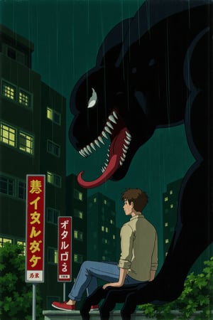 ghiblify anime. Sketch painting. ghiblistyle. A night scene in a Japanese urban setting. A man in profile, with short brown hair and light skin sits on a low, on balcony, looks up a looming and towering profile of Venom who advances on the same structure. The man wears a light beige long-sleeved shirt, blue jeans, and red shoes. Venom is depicted in his classic form: large, black, and muscular with a toothy grin, long red tongue, and white, menacing eyes. Heavy rain is falling and everyone is soaking wet. The background features a dense array of multi-story buildings with glowing windows and Japanese signage. Two vertical signs are prominent in the foreground. One, directly behind the man, is red with gold-colored characters (presumably Kanji). The other, on the lower left edge, is a lighter color with darker vertical text. The scene is filled with dark greens and blues, giving it a nocturnal and slightly melancholic atmosphere. Greenery, like vines and leafy plants, grows on the buildings and the structure where the man sits, contributing to the Ghibli aesthetic.,