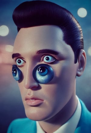 Extre Close-up. B & W Photo of Elvis Presley. 60s colors,  depth of field,  60s fantasy, blue hour, big eyes
