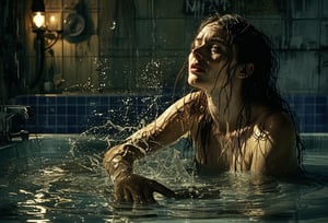 Photo of Lady Macbeth,  disheveled hair, washing her hand in a dirty pool of water, stylized, Light, epic atmosphere, theatrical, 