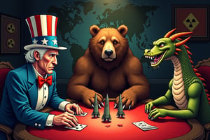 Create a satirical and symbolic illustration titled 'Nuclear Poker,' featuring Uncle Sam, a large bear (representing Russia), and a dragon (representing China) seated around a poker table. They are engaged in an intense game, with miniature missiles in the center of the table as their stakes. Uncle Sam is on the leftwearing his iconic red, white, and blue outfit, the bear sits in the midle, hulking and serious. The dragon is on the right, poised and watchful. The setting is a dark, moody room, with a world map or nuclear warning signs subtly placed in the background. The overall tone should blend humor, symbolism, and geopolitical commentary