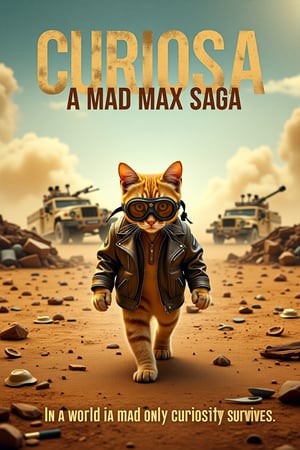 Parody movie poster for "Curiosa: A Mad Max Saga," featuring a golden tabby cat wandering through a post-apocalyptic world inspired by Mad Max. The cat, wearing a tiny leather jacket and goggles, confidently strides through a barren desert landscape littered with wrecked vehicles and debris. In the background, dust clouds rise as war vehicles chase one another, while the cat walks unfazed. The title "Curiosa: A Mad Max Saga" is displayed in bold, weathered letters, with the tagline "In a world gone mad, only curiosity survives." The overall aesthetic mirrors the gritty, chaotic feel of the Mad Max universe, but with a whimsical, feline twist.,