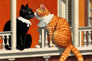 Two cats kissing on a balcony. One cat is an orange tabby. The other is a black cat. Parody of Romeo and Juliet.  Art by Norman Rockwell.