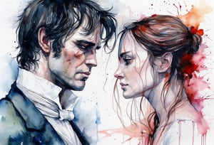 Art by Agnes Cecile. A couple staring intensely at each other.  Elizabeth Bennet and Mr. Darcy from Pride and Prejudice