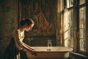 Fine art photo, glamour shot, Lady Macbeth washing her hand using an antique washing basin, castle interior, stylized, Light, epic atmosphere, theatrical, 