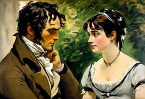 Art by Edouard Manet. A couple staring intensely at each other.  Elizabeth Bennet and Mr. Darcy from Pride and Prejudice