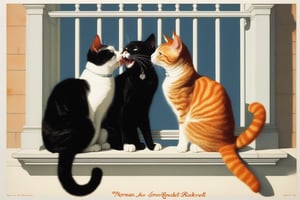 Two cats kissing on a balcony. One cat is an orange tabby. The other is a black cat. Art by Norman Rockwell.