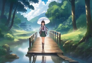 Anime illustration of a Japanese schoolgirl, donning her iconic uniform and holding a transparent umbrella. She gracefully walks across a wooden bridge, with the reflection of her steps visible on the wet ground below. The background is a lush, mystical forest with towering trees and a soft, ethereal glow. The overall atmosphere is serene and enchanting, capturing the essence of a magical, rainy day in Japan. Dreamyvibes Artstyle