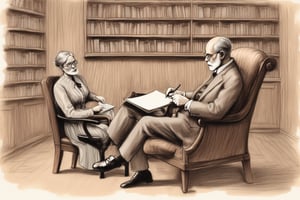 A drawing of a psychiatrist sitting on a wooden chair and a woman lying on a couch. Sigmund Freud, is seated in a small wooden chair opposite her, taking meticulous notes on a notepad. The woman looks introspective, dressed in a simple blouse and skirt, while Freud dons a suit and glasses. The walls are adorned with bookshelves and a few framed antique paintings, creating a sense of history and wisdom.