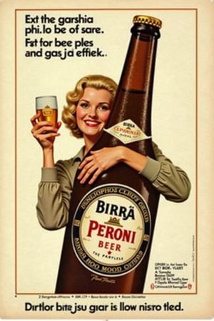 A vintage 1960s beer advertisement featuring a blonde woman hugging a giant bottle of Birra Peroni beer while holding a glass of the beer in her hand. The woman has her arms crossed and is looking at the camera with a smile on her face. The beer bottle is brown with a white label and a gold cap.