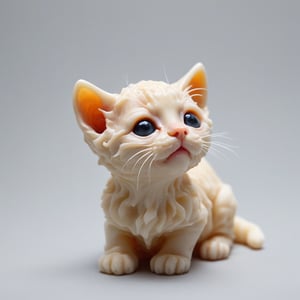 Profile of a wax sculpture of a tiny kitten, looking up, melting