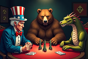 Create a satirical and symbolic illustration titled 'Nuclear Poker,' featuring Uncle Sam, a large bear (representing Russia), and a dragon (representing China) seated around a poker table. They are engaged in an intense game, with miniature missiles in the center of the table as their stakes. Uncle Sam is wearing his iconic red, white, and blue outfit, the bear is hulking and serious, and the dragon is poised and watchful. The setting is a dark, moody room, with a world map or nuclear warning signs subtly placed in the background. The overall tone should blend humor, symbolism, and geopolitical commentary