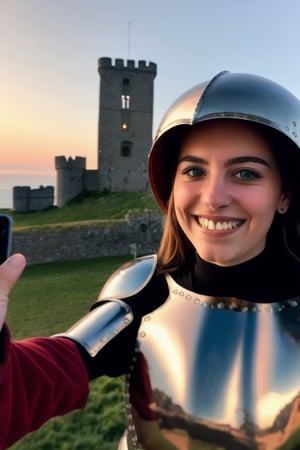 Selfie of  pretty Argentine young woman in medieval metal armor, near a faraway castle at sunset. casual photo, closeup, smiling