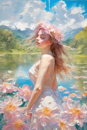 best quality,  extremely detailed,  HD,  8k, oil painting, 1 sexy girl, ((the flower lake)), (sexy wet top and skirt made of water) , ((sexy and wet)), top view, closeup, face up, (holy:1.25), dreamwave, (aesthetic:1.25), abstract (sharp:1.1), close eyes, art by sargent, naked shoulder, semi nude,ink scenery