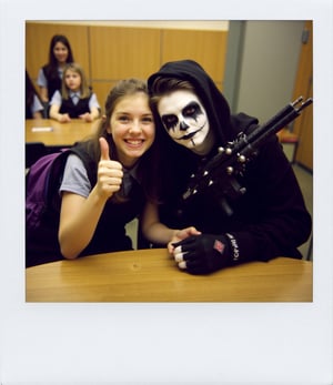 Polaroid frame of a surreal, high-contrast photo of a young couple sitting at a school cafeteria table. One is a teenage girl with a force smile, with a nervous or exaggerated expression, giving a thumbs-up, and wearing a school uniform with a purple backpack. Beside her is a gothic character with pale, painted white face, black makeup around the eyes, black lipstick, wearing dark clothing, gloves with spikes, and holding an intense expression. The character holds a toy or mock prop weapon, adding a darkly humorous contrast to the scene. The background features a cafeteria setting with other students in school uniforms looking on in surprise.,