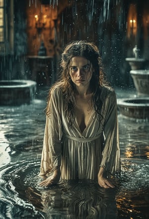 Photo of Lady Macbeth wearing a medieval night gown,  disheveled hair, washing her hands in a dirty pool of water, stylized, Light, epic atmosphere, theatrical, 