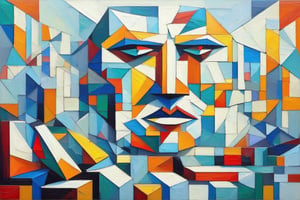 Abstract cubism impasto painting of a giant face sitting in a living room, made of geometric figure. Abstract cubism idiot. Oil painting.  Impasto style. Art by Georgy Kurasov,painting