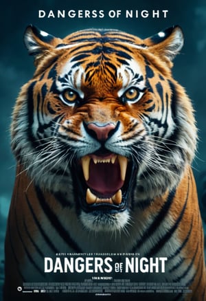 A angry tiger, dark scene, night, documentary, epic, cinematic, with title "DANGERS OF NIGHT" on it ,Movie Poster, MoviePosterRedAF,MoviePosterAF