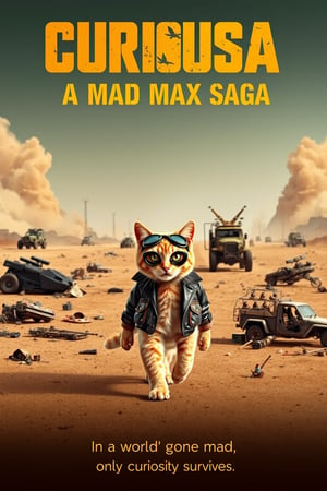 Parody movie poster for "Curiosa: A Mad Max Saga," featuring a golden tabby cat wandering through a post-apocalyptic world inspired by Mad Max. The cat, wearing a tiny leather jacket and goggles, confidently strides through a barren desert landscape littered with wrecked vehicles and debris. In the background, dust clouds rise as war vehicles chase one another, while the cat walks unfazed. The title "Curiosa: A Mad Max Saga" is displayed in bold, weathered letters, with the tagline "In a world gone mad, only curiosity survives." The overall aesthetic mirrors the gritty, chaotic feel of the Mad Max universe, but with a whimsical, feline twist.,