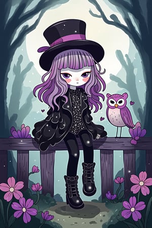 Dreamy art. A whimsical, gothic, and kawaii style art scene featuring a cute little girl with messy long hair sitting on the fence with her fluffy owl beside her. She wears a top hat, styled by Artgerm, leather pants, buckled boots. The color palette includes purples, pinks, blacks, green and lavenders, with touches of white. She has marbled lipstick. The setting is magical and enchanting, like a moonlit forest or mystical castle, reminiscent of Anton Semenov's work.surrounded by a misty color palette of translucent blues, pale grays, and ethereal silvers, contrasting with hints of faded lavender and soft ghost green, incorporating indie fashion with flowing, otherworldly fabrics and vintage lace details.