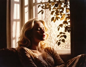 lith_argenta_bromBN1W cinematic film still of a patterned illumination casting a tree branch shadow a blonde woman, sleeping peacefully in the morning sunlight. The golden rays stream through a window, casting gentle shadows around her face, accentuating her full red lips and soft features