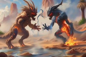 Fantasy painting of two mythical creatures fighting in a desert oasis. One is made of flowing water. One is made of flaming fire. There is steam is between them.