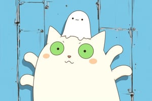 lyh_niji, anime. lyh_niji, anime. A white cat with green eyes and a funny expression, with a white ghost standing on its head.  Background is a blue wall. This comic-style illustration is in the style of Herge and Hayao Miyazaki,