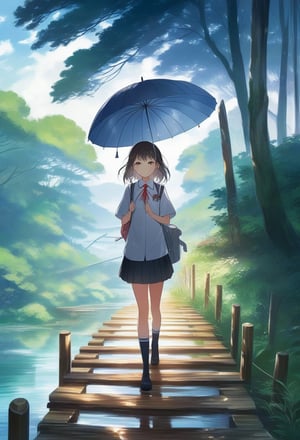 Anime illustration of a Japanese schoolgirl, donning her iconic uniform and holding a transparent umbrella. She gracefully walks across a wooden bridge, with the reflection of her steps visible on the wet ground below. The background is a lush, mystical forest with towering trees and a soft, ethereal glow. Style by Makoto Shinkai. Dreamyvibes Artstyle