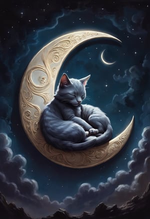 Fantasy painting of a cat sleeping on a crescent moon, night scene