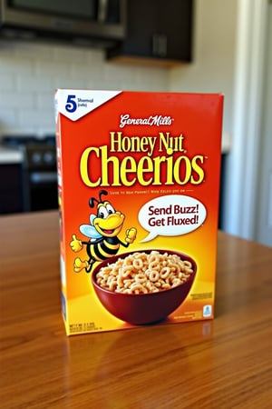 General Mills 'Honey Nut Cheerios' cereal box sitting on a kitchen table. The box is prominently displayed in the center of the table, featuring the iconic orange and yellow colors with the bee mascot and a bowl of Cheerios on the front. There is a speech bubbled on the box that say 'Send Buzz! Get Fluxed!'