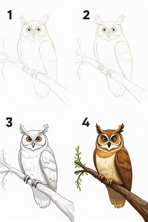 a 2x2 grid of 4 panels, numbered step-by-step drawing from sketched b & w pencil outline gradually to color drawing of an owl on a tree branch