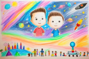 children-drawing, colorful drawing, Elon Musk, big head, watching space-X starship take off.