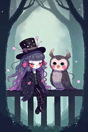 Dreamy art. A whimsical, gothic, and kawaii style art scene featuring a cute little girl with messy long hair sitting on the fence with her fluffy owl beside her. She wears a top hat, styled by Artgerm, leather pants, buckled boots. The color palette includes purples, pinks, blacks, green and lavenders, with touches of white. She has marbled lipstick. The setting is magical and enchanting, like a moonlit forest or mystical castle, reminiscent of Anton Semenov's work.surrounded by a misty color palette of translucent blues, pale grays, and ethereal silvers, contrasting with hints of faded lavender and soft ghost green, incorporating indie fashion with flowing, otherworldly fabrics and vintage lace details.