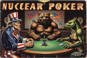 Vintage comic book cover. 1950s pulp art style. Create a satirical and symbolic illustration titled 'Nuclear Poker,' featuring Uncle Sam, a large bear (representing Russia), and a dragon (representing China) seated around a poker table. They are engaged in an intense game, with miniature missiles in the center of the table as their stakes. Uncle Sam is on the leftwearing his iconic red, white, and blue outfit, the bear sits in the midle, hulking and serious. The dragon is on the right, poised and watchful. The setting is a dark, moody room, with a world map or nuclear warning signs subtly placed in the background. The overall tone should blend humor, symbolism, and geopolitical commentary,