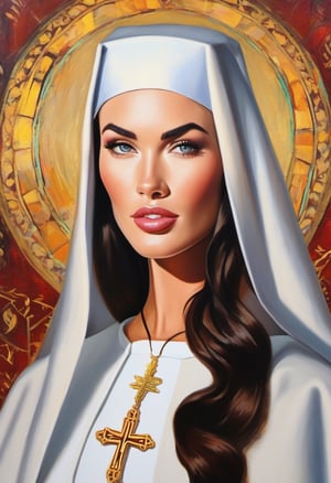 Oil painting, closeup portrait of Megan Fox dressed as a Catholic Nun