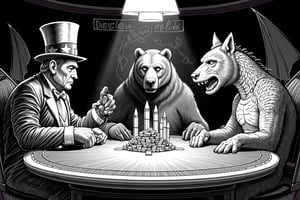 BALLPOINT PEN PAINTING. Create a satirical and symbolic illustration titled 'Nuclear Poker,' featuring Uncle Sam, a large bear (representing Russia), and a dragon (representing China) seated around a poker table. They are engaged in an intense game, with a large pile of miniature missiles in the center of the table as their stakes. Uncle Sam is on the leftwearing his iconic red, white, and blue outfit, the bear sits in the midle, hulking and serious. The dragon is on the right, poised and watchful. The setting is a dark, moody room, with a world map or nuclear warning signs subtly placed in the background. The overall tone should blend humor, symbolism, and geopolitical commentary,