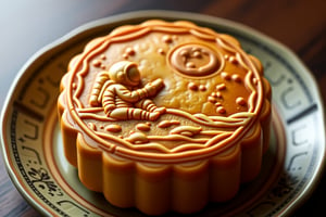 Design a whimsical and detailed photo of a mooncake featuring an intricate imprint of an astronaut drinking beer while sitting on the surface of the moon. The mooncake itself has a golden-brown, glossy crust, and its surface is embossed with the astronaut scene, showing the astronaut in a spacesuit, holding a beer bottle, and gazing at Earth in the distance. The background of the scene includes small craters and stars. The mooncake sits on a traditional plate, with soft lighting highlighting the detailed imprint and the texture of the pastry. The overall tone is playful yet elegant, blending the traditional look of a mooncake with a fun, modern twist.