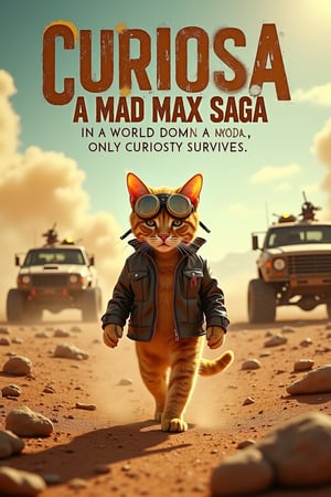 Parody movie poster for "Curiosa: A Mad Max Saga," featuring a golden tabby cat wandering through a post-apocalyptic world inspired by Mad Max. The cat, wearing a tiny leather jacket and goggles, confidently strides through a barren desert landscape littered with wrecked vehicles and debris. In the background, dust clouds rise as war vehicles chase one another, while the cat walks unfazed. The title "Curiosa: A Mad Max Saga" is displayed in bold, weathered letters, with the tagline "In a world gone mad, only curiosity survives." The overall aesthetic mirrors the gritty, chaotic feel of the Mad Max universe, but with a whimsical, feline twist.,